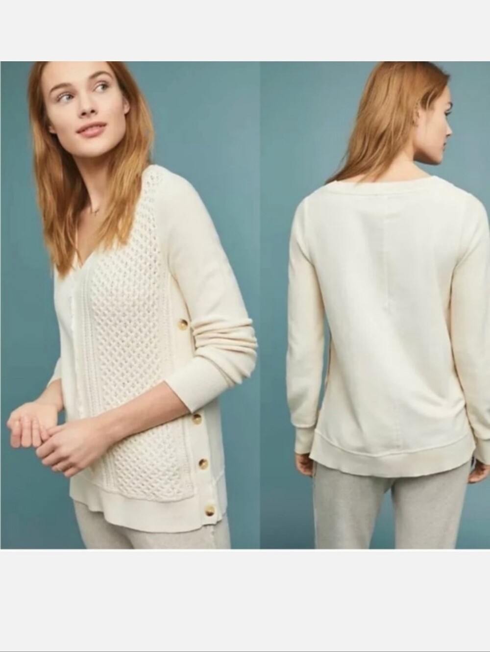 Anthropology Saturday Sunday Cream V-Neck Sweater Button Side Slit